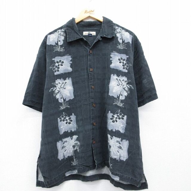 XL★古着 トミーバハマ 半袖 ハワイアン シャツ メンズ ヤシの木 シルク 開襟 オープンカラー ブラック チェック 26jul22