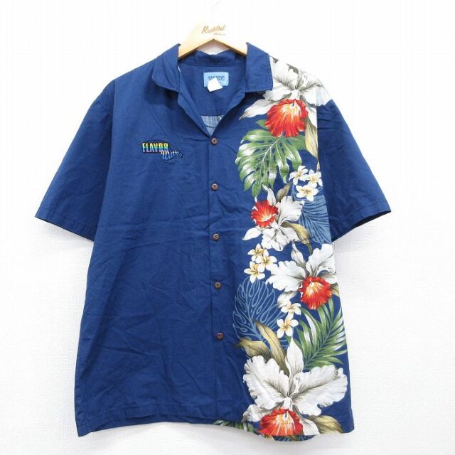 90s 半袖ハワイアンシャツ 花 ネイビー メンズL相当 | 古着
