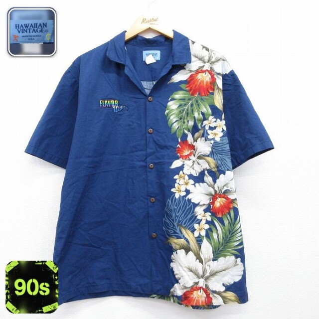90s 半袖ハワイアンシャツ 花 ネイビー メンズL相当 | 古着