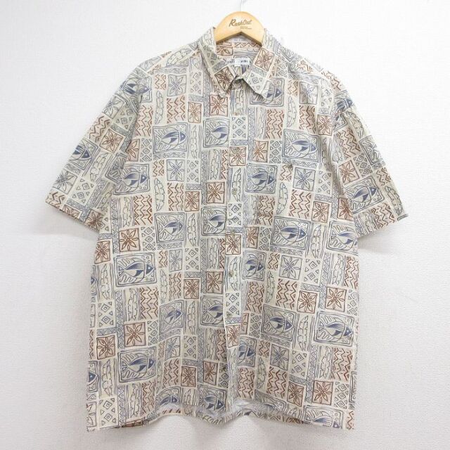 XL★古着 ピエールカルダン 半袖 ハワイアン シャツ メンズ 90年代 90s 魚 大きいサイズ コットン ベージュ【spe】 26aug06