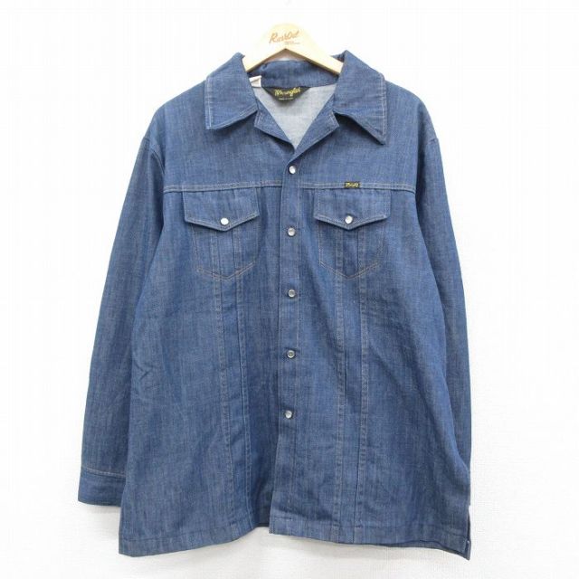 XL★古着 ラングラー Wrangler 長袖 シャツ ジャケット メンズ 80年代 80s 開襟 オープンカラー USA製 紺 ネイビー デニム 25sep25 中古 アウター