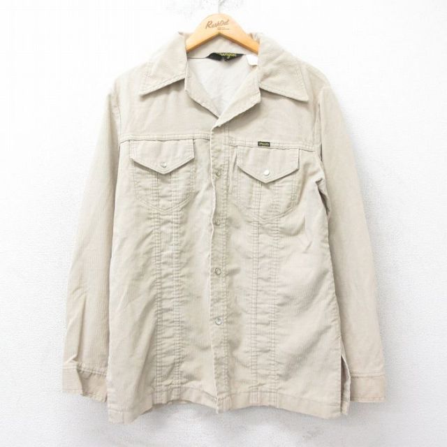 M★古着 ラングラー Wrangler 長袖 シャツ ジャケット メンズ 80年代 80s コーデュロイ 開襟 オープンカラー USA製 ベージュ カーキ 25oct15 中古 アウター