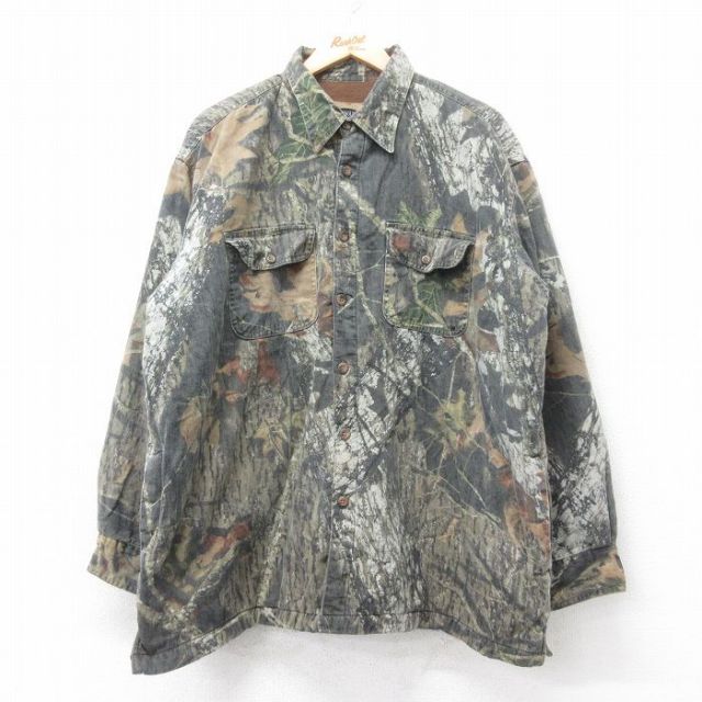 XL★古着 長袖 シャツ ジャケット メンズ 00年代 00s 大きいサイズ コットン 茶他 ブラウン 迷彩 内側フリース 25oct15 中古 アウター