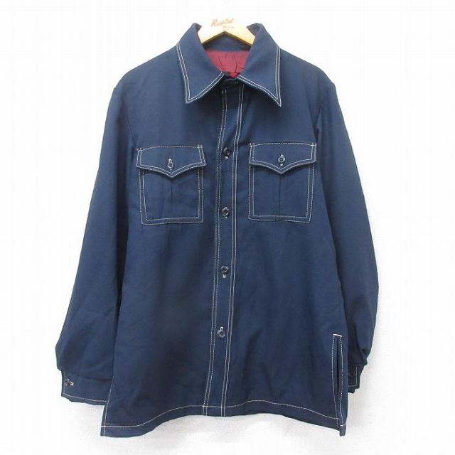 【20%OFF】L★古着 シアーズ 長袖 シャツ ジャケット メンズ 70年代 70s ロング丈 紺 ネイビー 25oct15 中古 アウター
