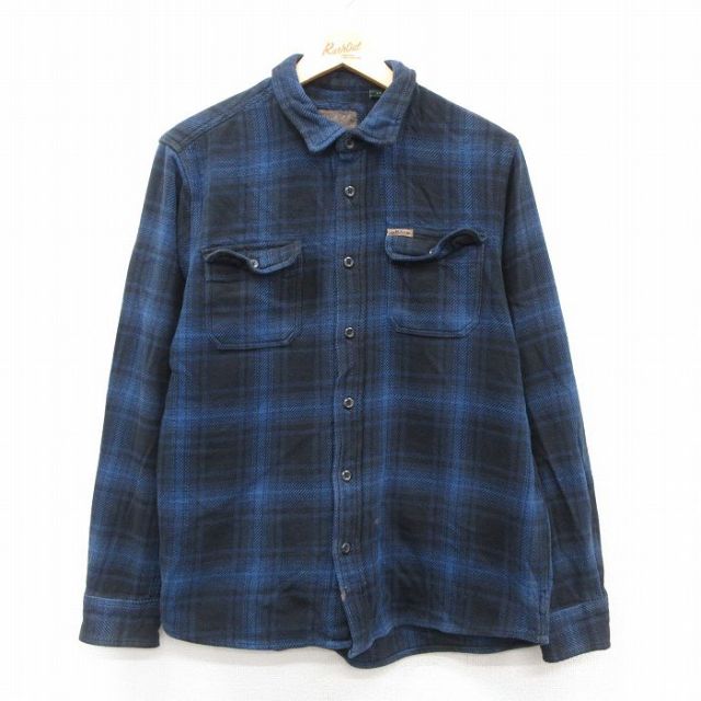 L★古着 オービス 長袖 フランネル シャツ ジャケット メンズ コットン 紺他 オンブレ チェック 25nov15