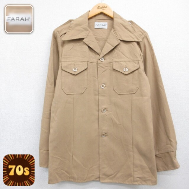 FARAH 70s 長袖シャツジャケット フラップポケット オープンカラー ベージュ メンズM相当 | 古着