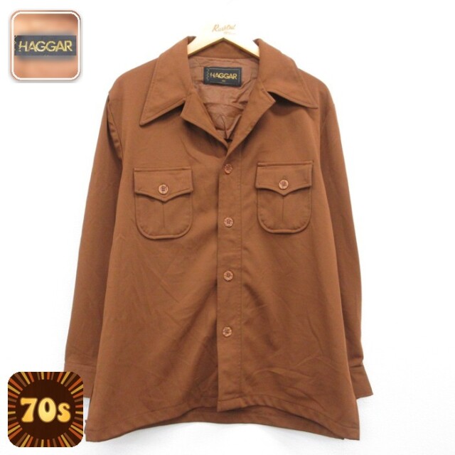 HAGGAR 長袖 シャツ ジャケット 70s フラップポケット オープンカラー ブラウン メンズL相当 | 古着