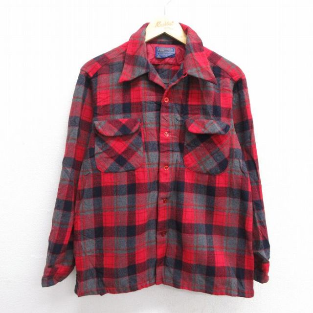 L★古着 ペンドルトン PENDLETON 長袖 ウール シャツ メンズ 80年代 80s 開襟 オープンカラー USA製 赤他 レッド チェック 25feb04 中古 トップス