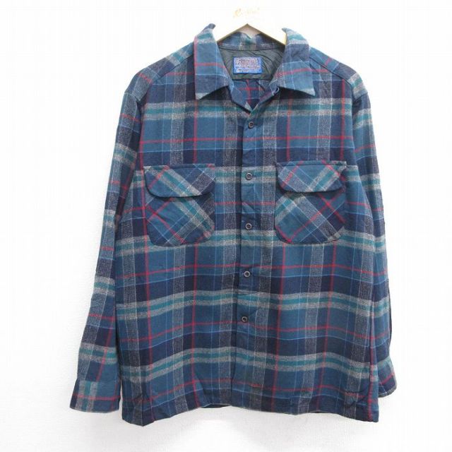 L★古着 ペンドルトン PENDLETON 長袖 ウール シャツ メンズ 80年代 80s 開襟 オープンカラー USA製 濃紺他 ネイビー チェック 25feb04 中古 トップス