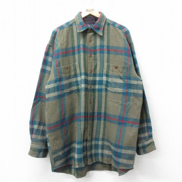 XL★古着 長袖 ウール シャツ メンズ 90年代 90s ヒジ当て 大きいサイズ ロング丈 緑他 グリーン チェック 25feb04 中古 トップス