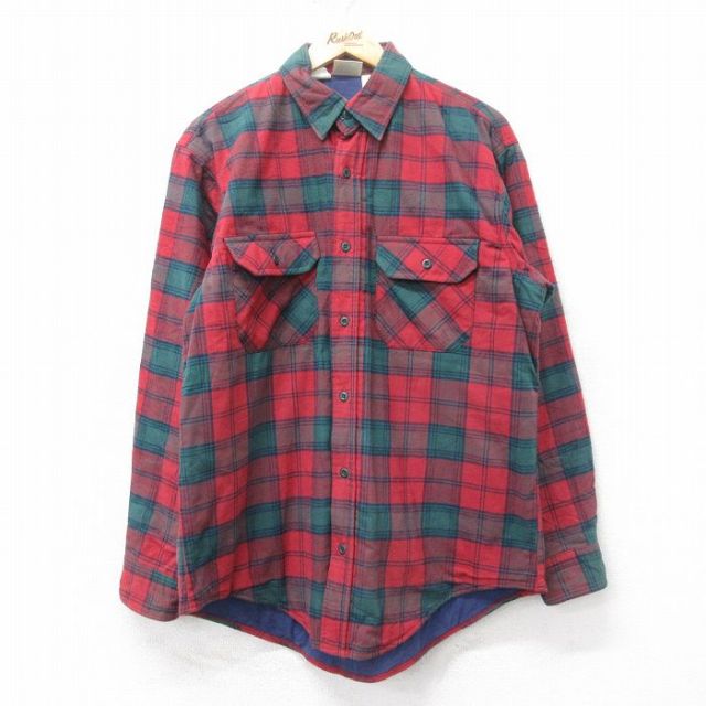 XL★古着 エルエルビーン LLBEAN 長袖 フランネル シャツ メンズ 90年代 90s コットン USA製 赤他 レッド チェック 内側キルティング 25feb04 中古 トップス