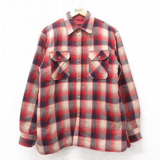L★古着 長袖 ウール シャツ メンズ 90年代 90s 赤他 レッド チェック 内側キルティング 25feb04 中古 トップス