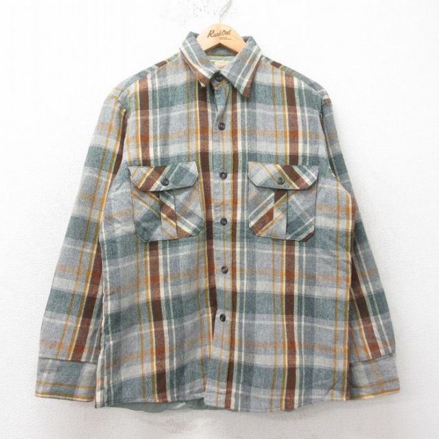 L★古着 シアーズ 長袖 ウール シャツ メンズ 90年代 90s 緑他 グリーン チェック 内側キルティング 25feb04 中古 トップス