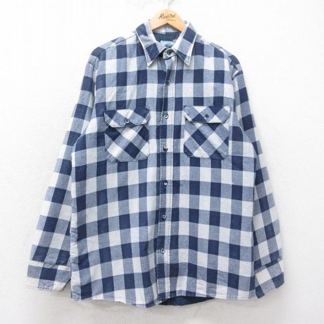 XL★古着 長袖 フランネル シャツ メンズ 90年代 90s USA製 紺他 ネイビー チェック 内側キルティング 25feb04 中古 トップス