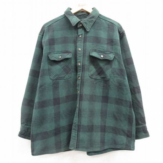XL★古着 長袖 ヘビー フランネル シャツ メンズ 90年代 90s コットン 緑他 グリーン チェック 25feb05 中古 トップス