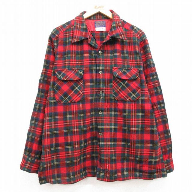 XL★古着 ペンドルトン PENDLETON 長袖 ウール シャツ メンズ 80年代 80s 開襟 オープンカラー USA製 赤他 レッド タータン チェック 25feb05 中古 トップス