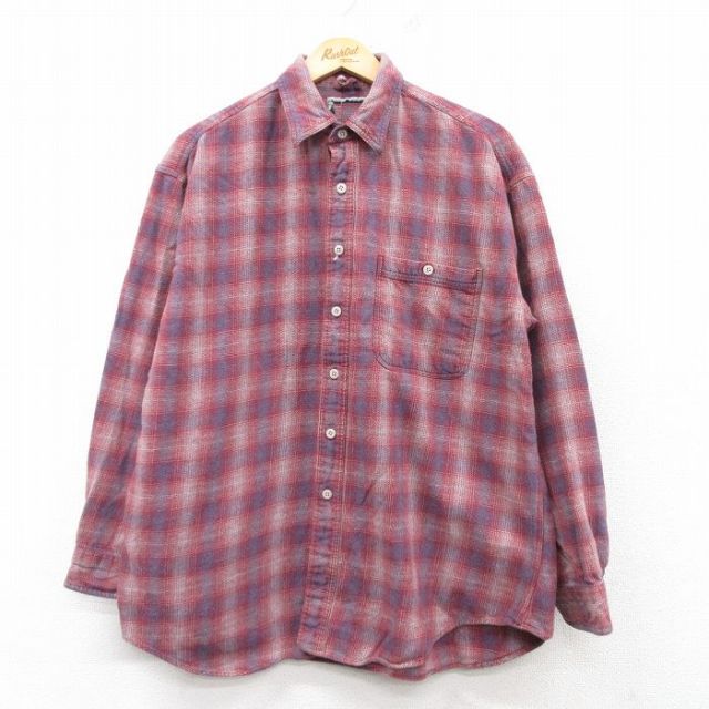 XL★古着 長袖 フランネル シャツ メンズ コットン 赤他 レッド チェック 25feb07 中古 トップス