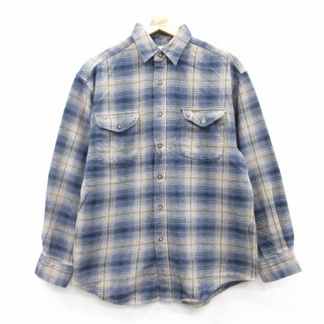 L★古着 長袖 ヘビー フランネル シャツ メンズ コットン 紺他 ネイビー チェック 25feb07 中古 トップス