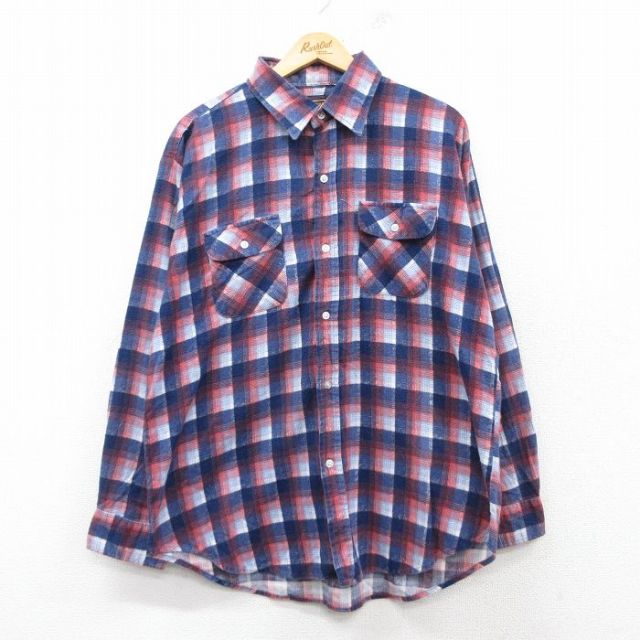 XL★古着 シアーズ 長袖 フランネル シャツ メンズ 80年代 80s 紺他 ネイビー チェック 【spe】 25feb07 中古 トップス