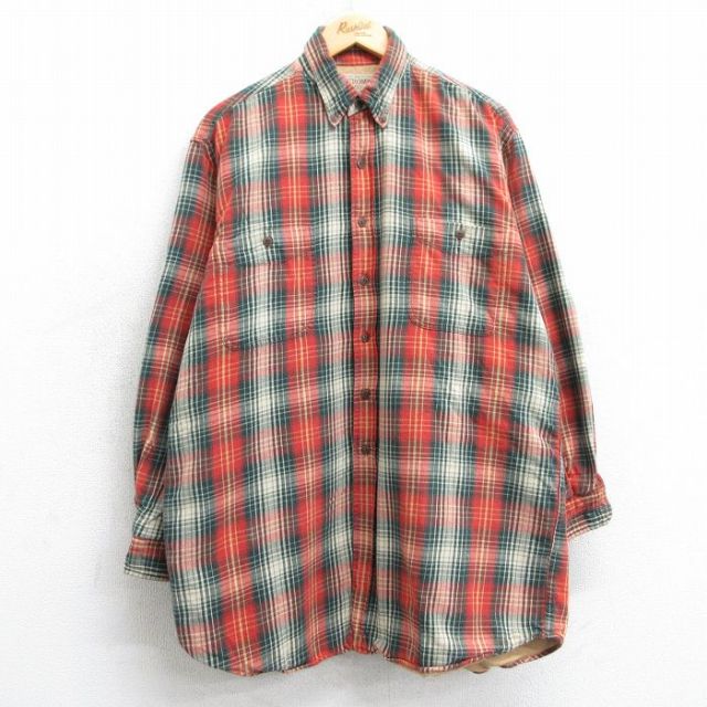 【50%OFF】XL★古着 アバクロンビー Abercrombie&fitch 長袖 ヘビー フランネル シャツ メンズ 90年代 90s ロング丈 コットン ボタンダウン 赤他 レッド チェック 【spe】 25feb08 中古 トップス