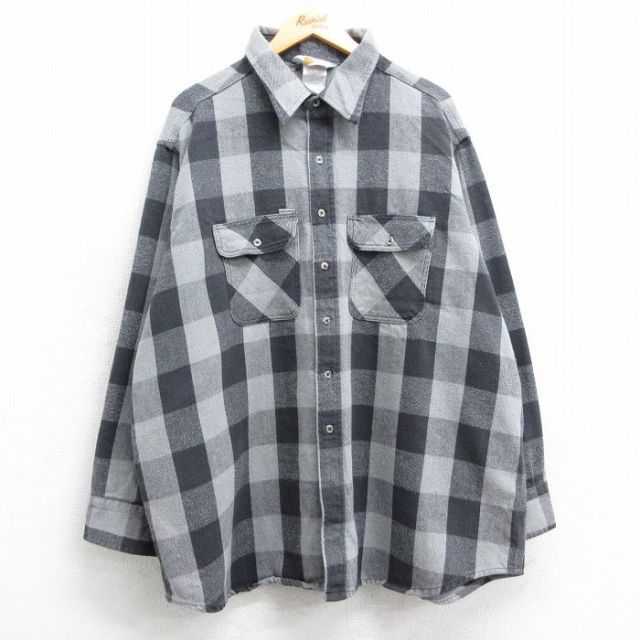 XL★古着 カーハート Carhartt 長袖 ヘビー フランネル シャツ メンズ 90年代 90s ロング丈 大きいサイズ グレー他 バッファロー チェック 【spe】 25feb08 中古 トップス