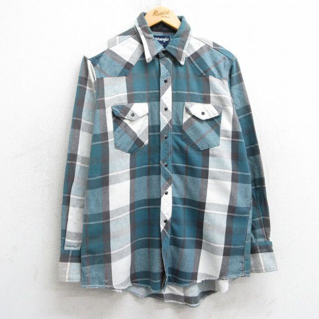 L★古着 ラングラー Wrangler 長袖 ウエスタン ヘビー フランネル シャツ メンズ 90年代 90s コットン 緑他 グリーン チェック 25feb08 中古 トップス