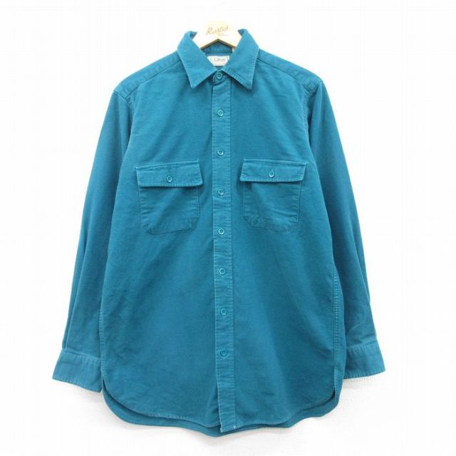 L★古着 エルエルビーン LLBEAN 長袖 ヘビー フランネル シャツ メンズ 80年代 80s ロング丈 コットン USA製 緑系 グリーン 25feb10 中古 トップス