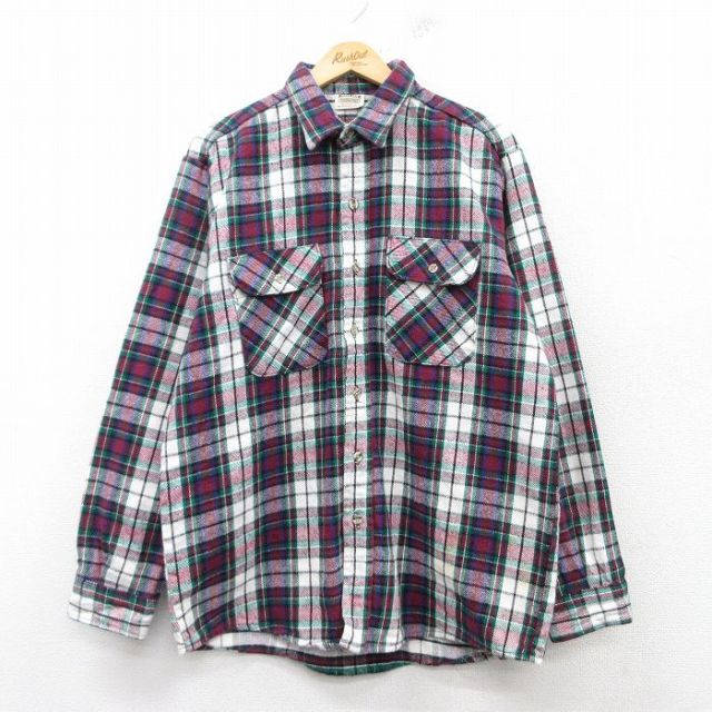 L★古着 ファイブブラザー 長袖 ヘビー フランネル シャツ メンズ 90年代 90s コットン USA製 紫他 パープル チェック 25feb10 中古 トップス