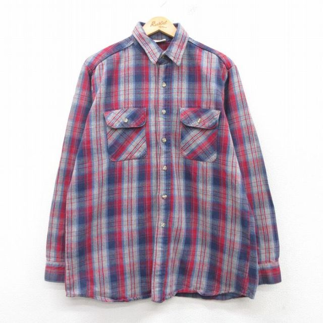 L★古着 ファイブブラザー 長袖 ヘビー フランネル シャツ メンズ 90年代 90s ロング丈 グレー他 チェック 25feb10 中古 トップス