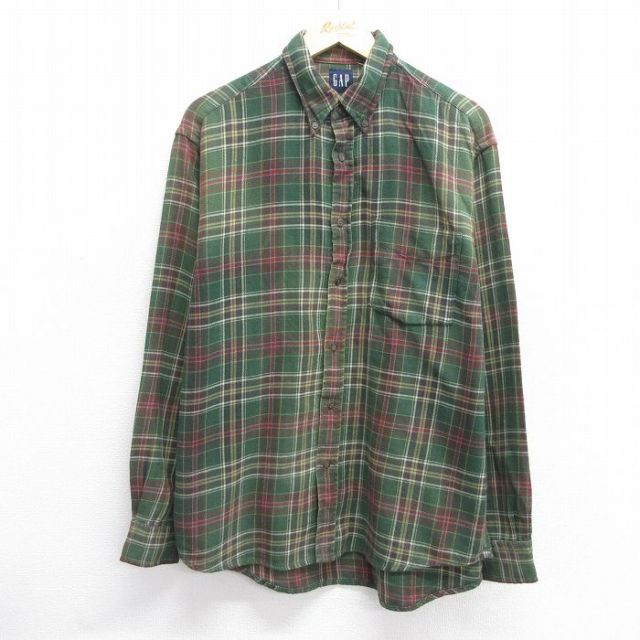 XL★古着 ギャップ GAP 長袖 ヘビー フランネル シャツ メンズ 00年代 00s コットン ボタンダウン 緑他 グリーン チェック 25feb14 中古 トップス