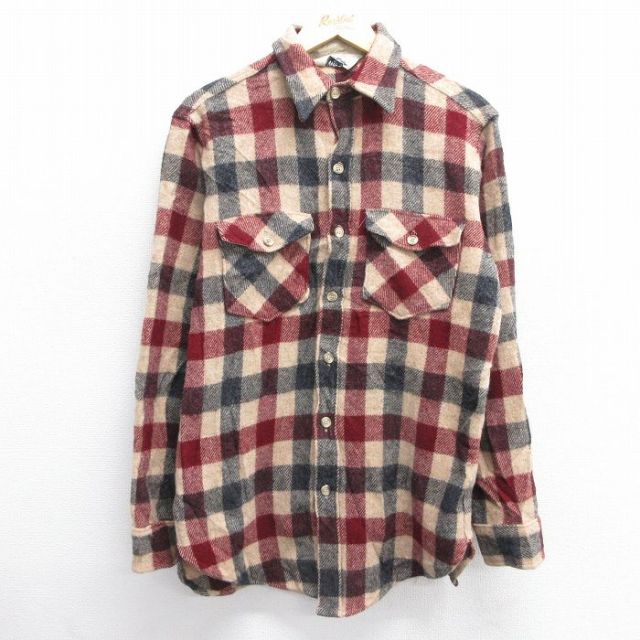 M★古着 ウールリッチ WOOLRICH 長袖 ウール シャツ メンズ 80年代 80s エンジ他 チェック 25feb14 中古 トップス