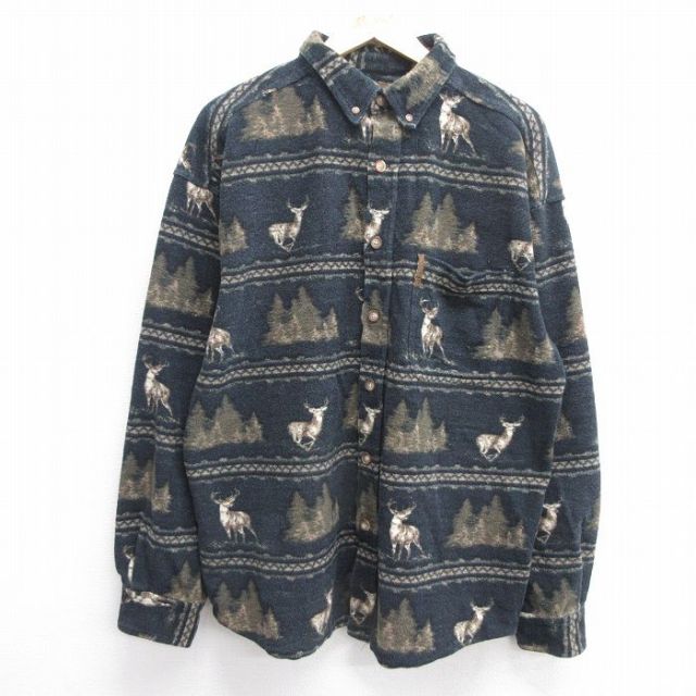 XL★古着 長袖 ヘビー フランネル シャツ メンズ 00年代 00s シカ コットン ボタンダウン 紺 ネイビー 25feb14 中古 トップス