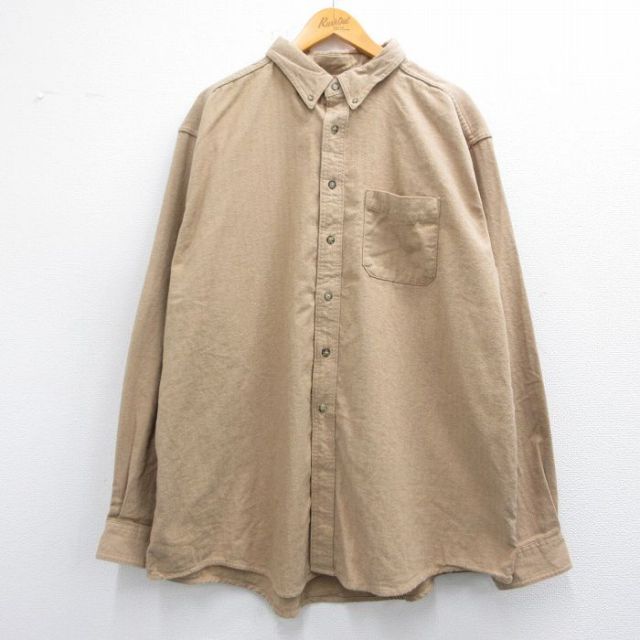 XL★古着 エルエルビーン LLBEAN 長袖 ヘビー フランネル シャツ メンズ 00年代 00s ヘリンボーン 大きいサイズ ロング丈 コットン ボタンダウン カナダ製 ベージュ カーキ 25feb14 中古 トップス