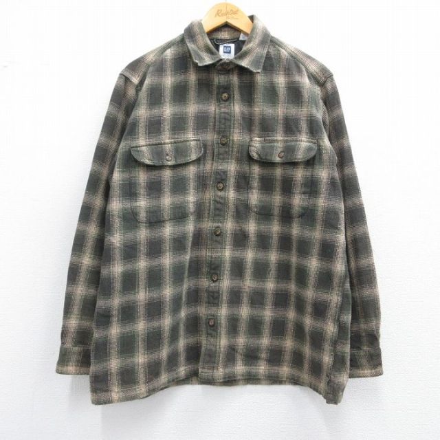 XL★古着 ギャップ GAP 長袖 ヘビー フランネル シャツ メンズ 00年代 00s コットン 薄緑他 グリーン チェック 25feb14 中古 トップス