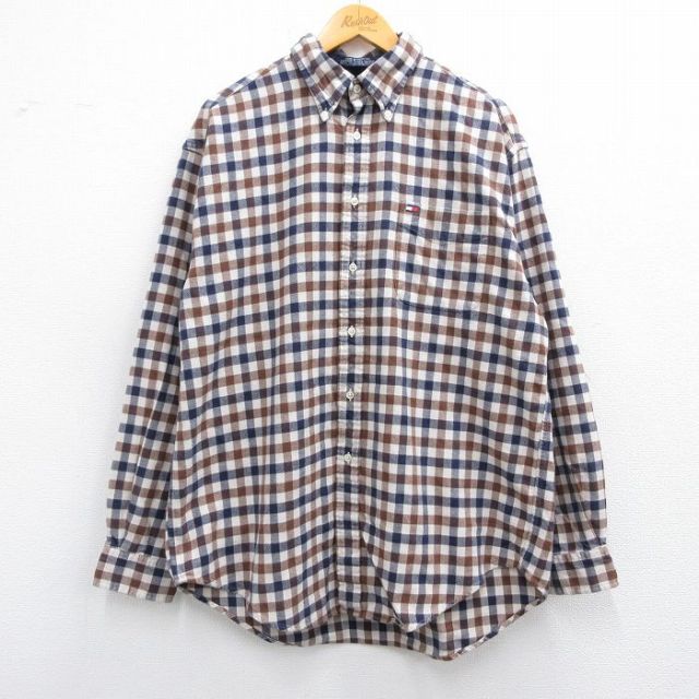 XL★古着 トミーヒルフィガー TOMMY HILFIGER 長袖 ヘビー フランネル シャツ メンズ 90年代 90s コットン ボタンダウン 濃ベージュ他 カーキ チェック 25feb14 中古 トップス