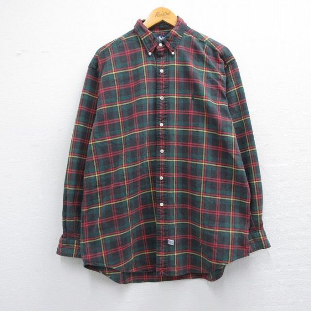 XL★古着 ラルフローレン Ralph Lauren 長袖 ブランド フランネル シャツ メンズ 90年代 90s ワンポイントロゴ 大きいサイズ コットン ボタンダウン 緑他 グリーン チェック 【spe】 25feb14 中古 トップス