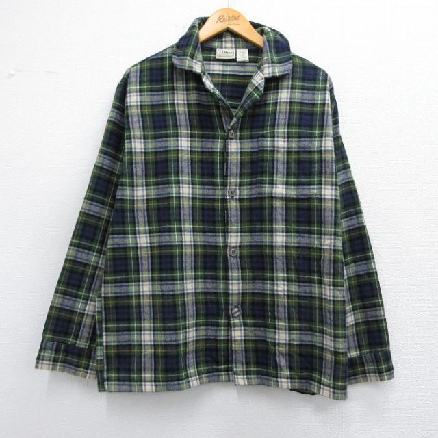 L★古着 エルエルビーン LLBEAN 長袖 パジャマ フランネル シャツ メンズ 00年代 00s コットン 開襟 オープンカラー 緑他 グリーン チェック 25feb14 中古 トップス
