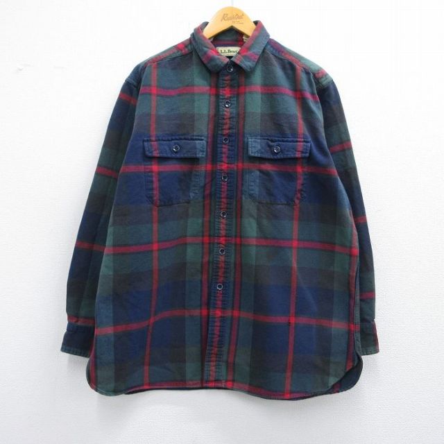XL★古着 エルエルビーン LLBEAN 長袖 フランネル シャツ メンズ 80年代 80s 大きいサイズ コットン 緑他 グリーン チェック 25feb14 中古 トップス