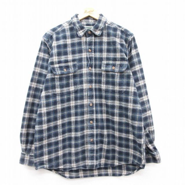 L★古着 長袖 ヘビー フランネル シャツ メンズ 紺他 ネイビー チェック 25feb14 中古 トップス