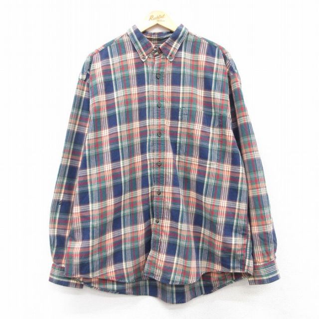 XL★古着 エディーバウアー 長袖 フランネル シャツ メンズ 00年代 00s 大きいサイズ コットン ボタンダウン 紺他 ネイビー チェック 25feb14 中古 トップス