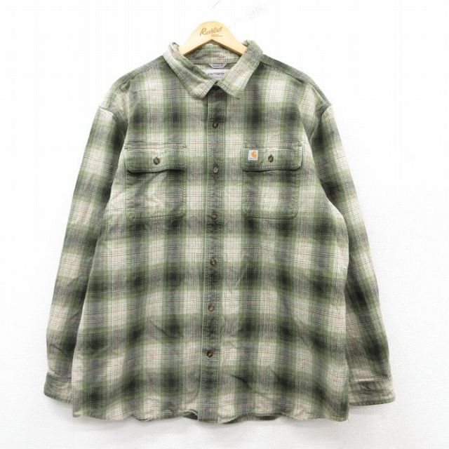 XL★古着 カーハート Carhartt 長袖 ヘビー フランネル シャツ メンズ 大きいサイズ ロング丈 コットン 緑他 グリーン チェック 25feb14 中古 トップス