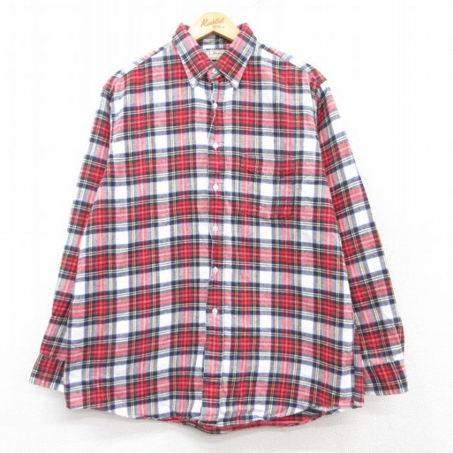 XL★古着 エルエルビーン LLBEAN 長袖 フランネル シャツ メンズ 80年代 80s コットン ボタンダウン USA製 赤他 レッド チェック 25feb17 中古 トップス