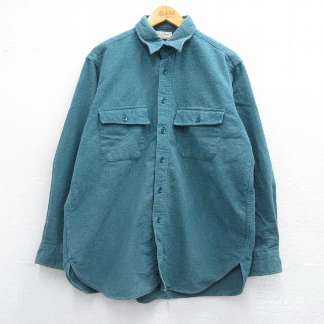 L★古着 エルエルビーン LLBEAN 長袖 ヘビー フランネル シャツ メンズ 90年代 90s コットン USA製 青緑 25feb18 中古 トップス