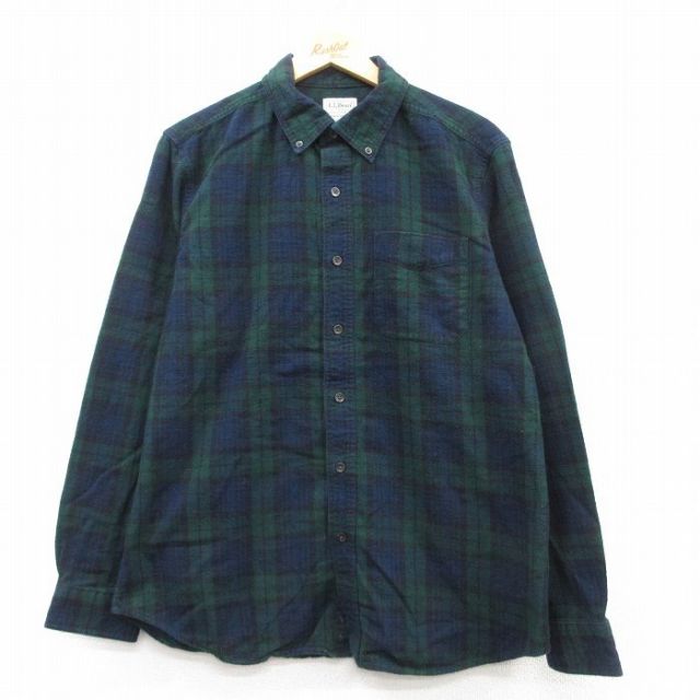 L★古着 エルエルビーン LLBEAN 長袖 フランネル シャツ メンズ 00年代 00s コットン ボタンダウン 緑 グリーン タータン チェック ブラックウォッチ 25feb18 中古 トップス