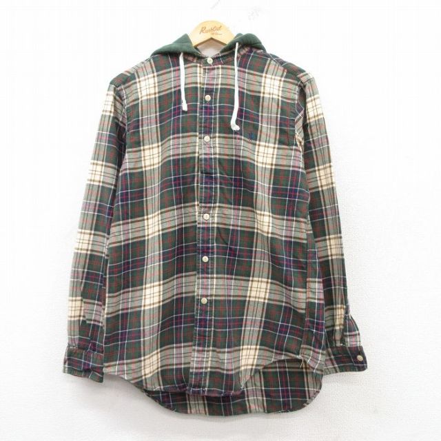 M★古着 ラルフローレン Ralph Lauren 長袖 ブランド ヘビー パーカー フランネル シャツ メンズ 90年代 90s ワンポイントロゴ コットン 緑他 グリーン チェック フード内側サーマル 【spe】 25feb18 中古 トップス