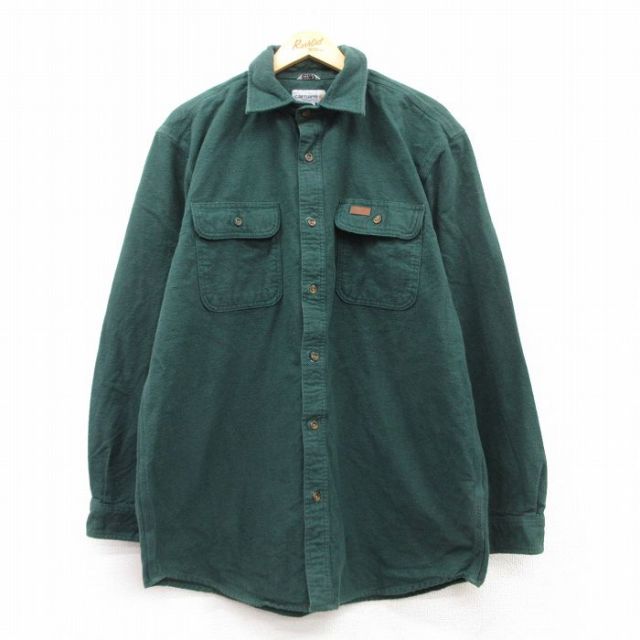XL★古着 カーハート Carhartt 長袖 ヘビー フランネル シャツ メンズ ロング丈 コットン 緑 グリーン 【spe】 25feb18 中古 トップス