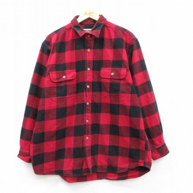 XL★古着 長袖 ヘビー フランネル シャツ メンズ コットン 赤 レッド バッファローチェック 25feb18 中古 トップス