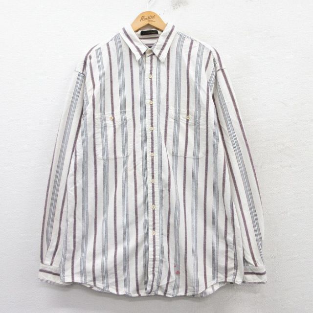 【20%OFF】XL★古着 エディーバウアー 長袖 フランネル シャツ メンズ 90年代 90s ロング丈 コットン 白他 ホワイト ストライプ 25feb20 中古 トップス