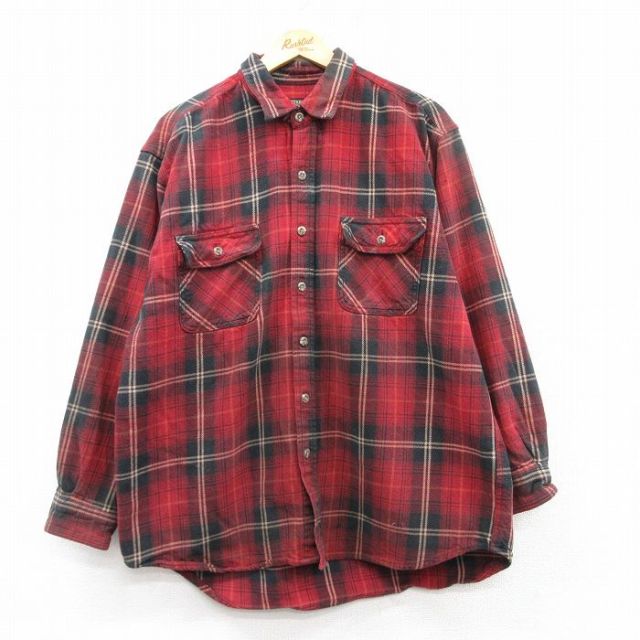XL★古着 長袖 ヘビー フランネル シャツ メンズ コットン 赤他 レッド チェック 25feb20 中古 トップス