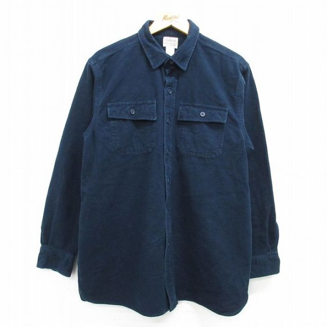 L★古着 エルエルビーン LLBEAN 長袖 ヘビー フランネル シャツ メンズ 00年代 00s ロング丈 コットン 紺 ネイビー 25feb20 中古 トップス